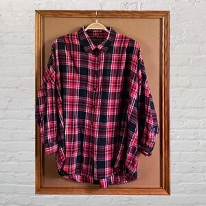 French Connection Red And Black Button Up Flannel Ladies Large